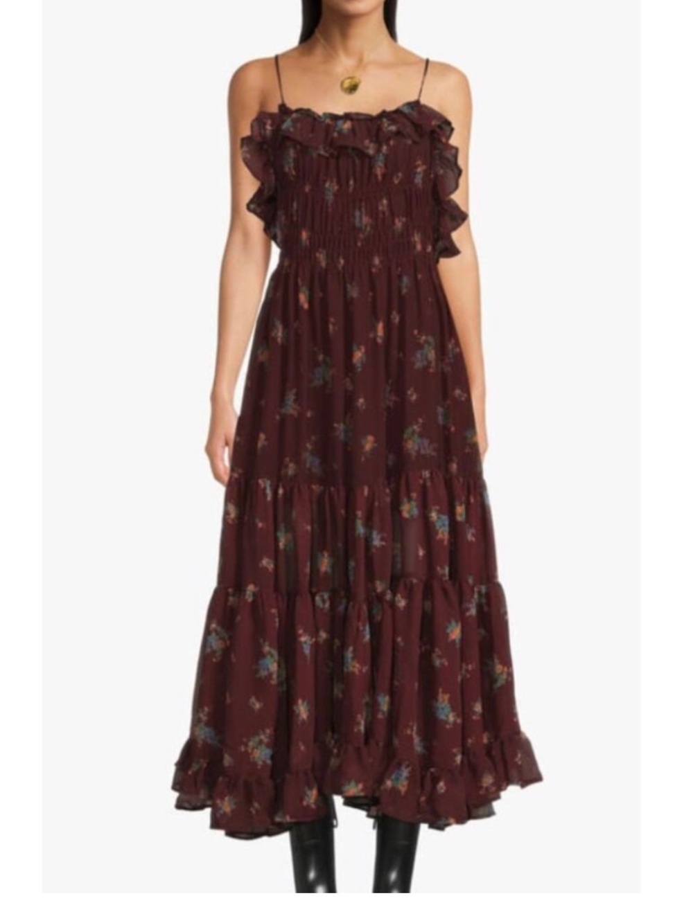 FREE PEOPLE Cloud Nine Chiffon Maxi
Dress Tiered Skirt in Boho Floral, Size XL
